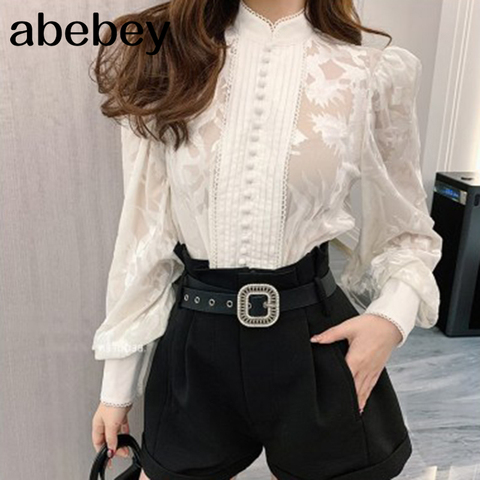 Korean Shirts For Women Stand Collar Puff Long Sleeve Patchwork Buttons Designer Oversized Loose Blouses Female 2022 New ► Photo 1/6