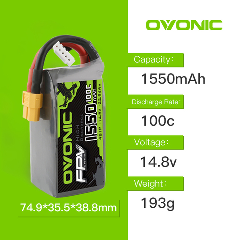 14.8V OVONIC 1550mAh  100C  4S1P 14.8V Lipo Battery XT60 Plug for 5'' 6''FPV drone or Quadcopter Drone Racer ► Photo 1/6