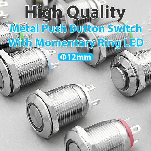 12mm Waterproof Metal Push Button Switch LED Light Momentary Locking Car Engine PC Power Switch 3V 5V 12V 24V 220V Ring Symbol ► Photo 1/6