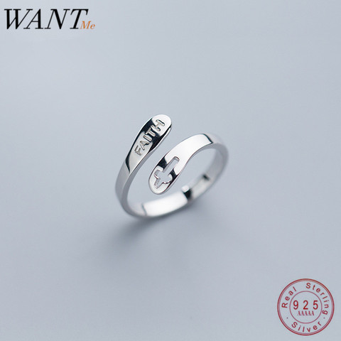 WANTME Real 100% 925 Sterling Silver Jewelry High Quality Ethnic Vintage Faith Letter Cross Opening Adjustable Rings for Women ► Photo 1/6