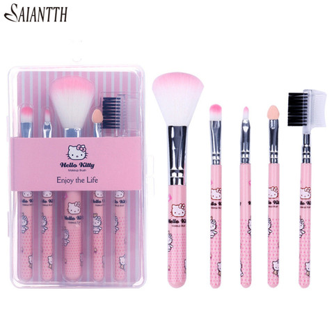 5pcs cute handle hello makeup brushes set pink kids make up blush eyeshadow lip eyebrow eyelashes brush kit with clear box ► Photo 1/1