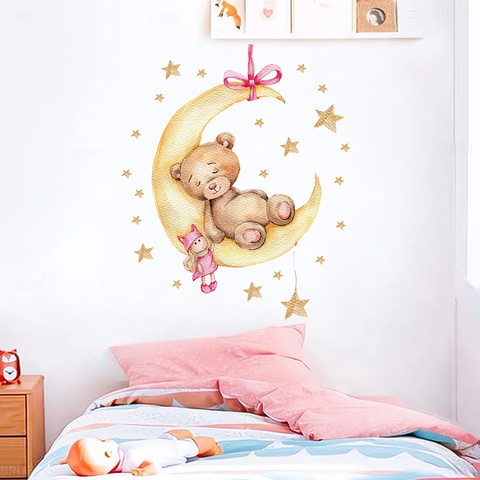 Cute Teddy Girl Bear Sleeping on the Moon Wall Stickers for Kids Room Baby Room Decoration Wall Decals Room Interior PVC Sticker ► Photo 1/4
