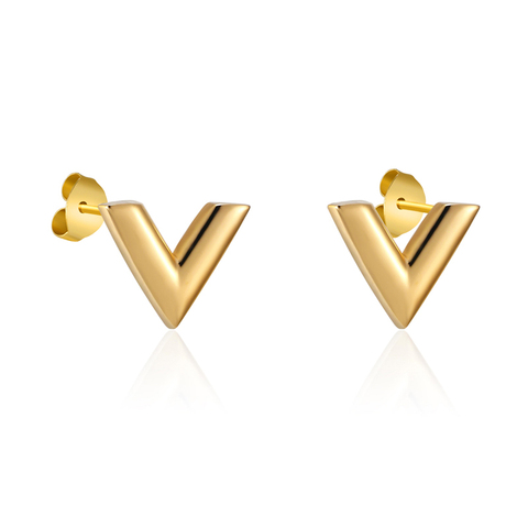 Luxury Brand Jewelry Simple Design V Letter Earrings For Women Stainless Steel Gold-Color Elegant Party Stud Earrings KE002-1 ► Photo 1/6