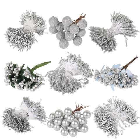 Silver Theme Mixed Artificial Flower Cherry Stamen Berries Bundle DIY Xmas Wedding Cake Gift Box Wreaths Decor 8/10/12/90/144pcs ► Photo 1/6