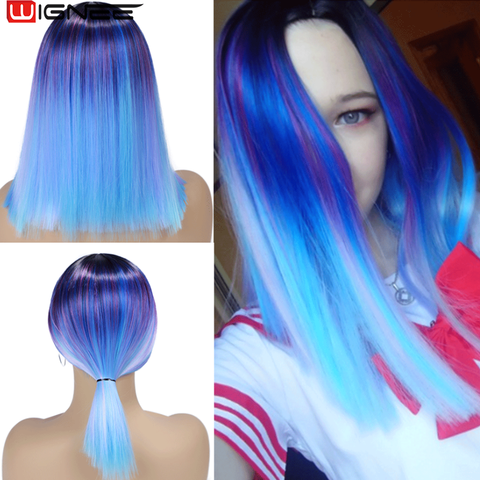 Wignee Short Straight Hair Synthetic Wigs Mixed Purple/Blue Natural Black Rainbow Wig Glueless Cosplay Women Hair Daily Wigs ► Photo 1/6