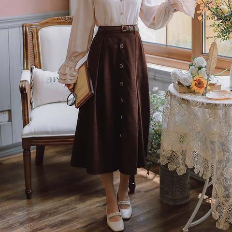 Fall 2022 Japan Style Sweet Women's Skirt Winter Casual Elastic Waist Single Breasted A-Line Pleated Skirt With Belt Black Brown ► Photo 1/6