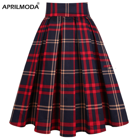 2022 Vintage Pleated Skirt England Style Plaid Print High Waist Womens Retro School Summer Skirt 50s Rockabilly Red Midi Skater ► Photo 1/6