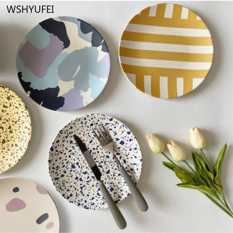 1pcs Nordic picnic plate hand-painted bamboo fiber plate dinner plate environmental picnic children tableware kitchen supplies ► Photo 1/6