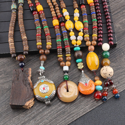 New Vintage Ethnic Style Lotus Ox Horn Wood beaded Stone Pendants & Necklaces Statement Nepal Necklace Women Men Jewelry ► Photo 1/1