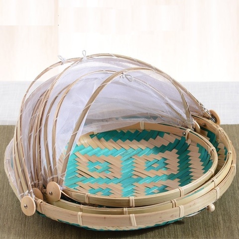 1Pc Hand Woven Bug Proof Basket Dustproof Kithen Picnic Basket Handmade Fruit Vegetable Bread Cover Wicker Basket With Gauze ► Photo 1/1