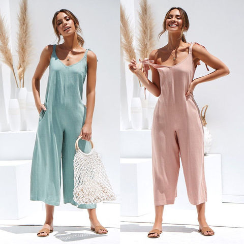 Summer Women Sleeveless Rompers Loose Jumpsuit O Neck Casual Backless Overalls Trousers Wide Leg Pants 4 Color S-XL ► Photo 1/6