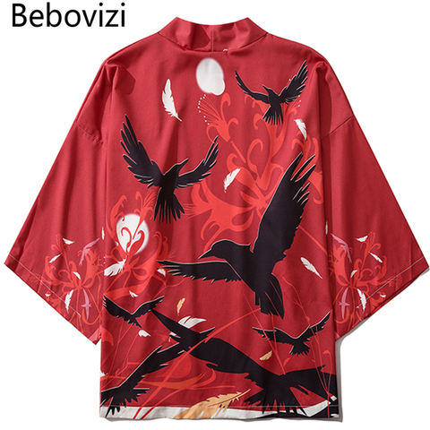 Bebovizi Japanese Crow Print Kimonos Streerwear Yukata Women Haori Harajuku Kimono Robe Cardigan Men Red Asian Clothes ► Photo 1/6