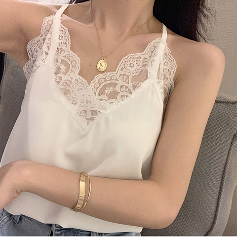 Sexy Silk Top Tank Women Slim Sexy Sleeveless Shirt Womens Basic Camisole Halter Tank Top Summer Lace V Neck Tops For Women 2022 ► Photo 1/6