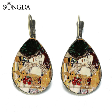 Classical Gustav Klimt The Kiss Teardrop Earrings Golden Tears Painting Glass Dome French Hook Water Drop Dangle Earrings ► Photo 1/6