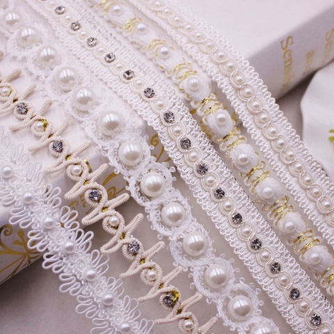 1yards Pearl Beaded Lace Ribbon Lace Trim White Lace Fabric Ribbon Beaded Fringe Lace Applique Materials Clothing Accessories ► Photo 1/6