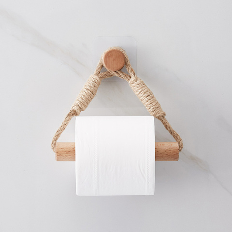 Rope Toilet Paper Holder, Wooden Wall Mounted Toilet Paper Roll