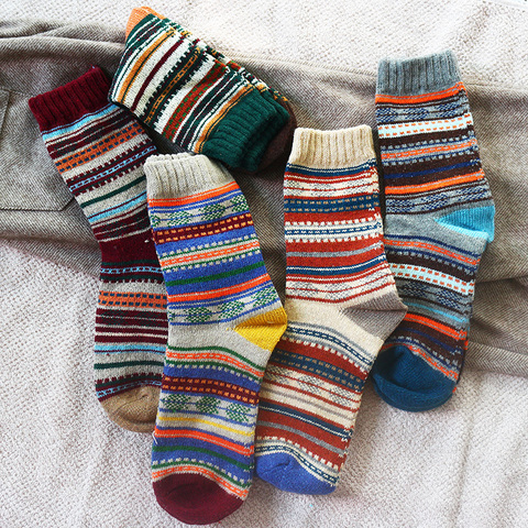 Winter New Men's Thick Warmth Harajuku Retro High Quality sStriped Fashion Wool Casual Socks 5 Pair ► Photo 1/6