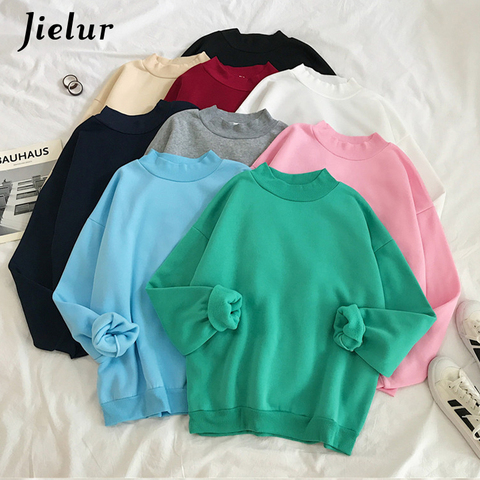 Jielur New 9 Colors Pink Green O-neck Hoodies Women Winter Autumn