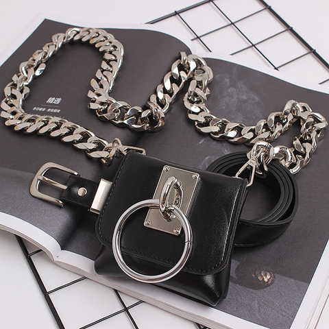 2022 Brand Design Wide Chain Mini Fanny Packs Black Pu Leather Waist belt With Coin Bag Punk Street Ring Waist Packs Chest Bag ► Photo 1/5