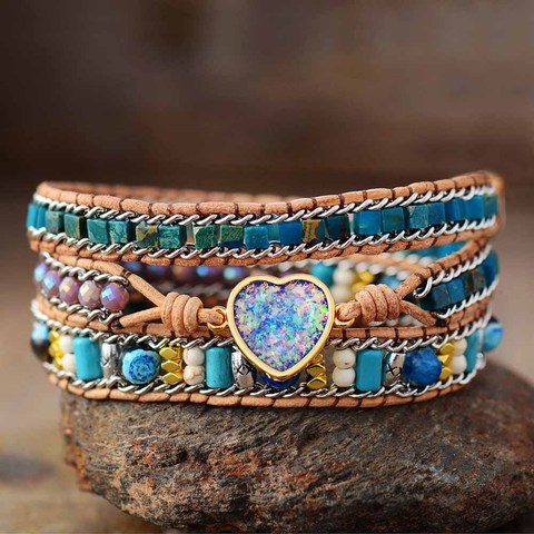 Luxury Leather Wrap Bracelets Bling Blue Heart Opal  Jaspers 3 Strands Statement Bracelet Handmade Bohemian Jewellery Bijoux ► Photo 1/1