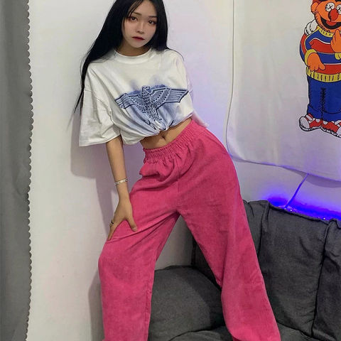 HOUZHOU Korean Style Corduroy Pants Women Summer Straight High Waist Trousers Women Fashion Streetwear Wide Leg Pants Pink Pants ► Photo 1/6