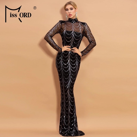 Missord 2022 Autumn Winter High Neck Wave Sequins See Though Women Maxi Dresses Elegant Long Sleeve Female Party Dresses M0032 ► Photo 1/6