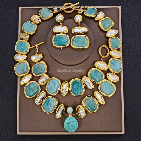 GG Jewelry Natural Freshwater White Biwa Pearl Green Nugget Amazonite Gems Gold Plated Pendant Necklace Bracelet Earrings Sets ► Photo 1/3