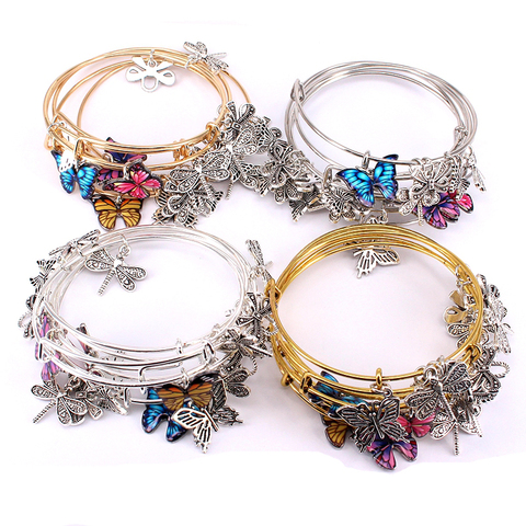 5pcs Bangle Set Wire Bracelets for Women Girls Jewllery Butterfly Dragonfly Bow Charms Bangles Cuff Jewlery C044 ► Photo 1/6