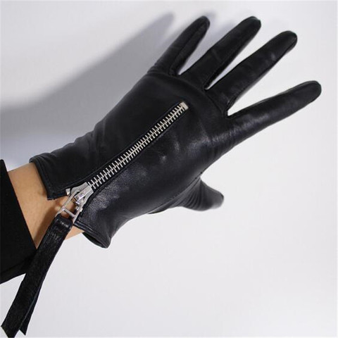 women's sheepskin leather gloves fashion metal zipper style black touch screen gloves autumn and winter warm ► Photo 1/6