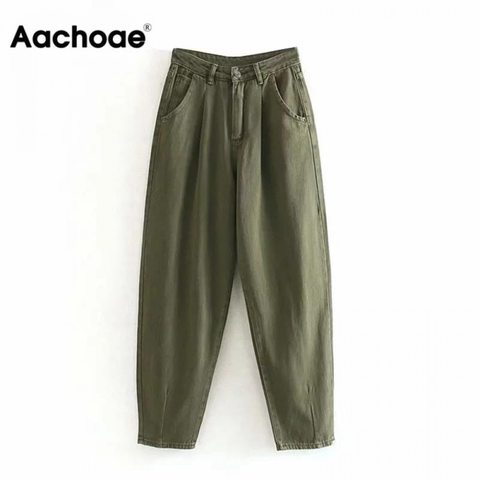 Aachoae Women Streetwear Pleated Mom Jeans High Waist Loose Slouchy Jeans Pockets Boyfriend Pants Casual Ladies Denim Trousers ► Photo 1/6