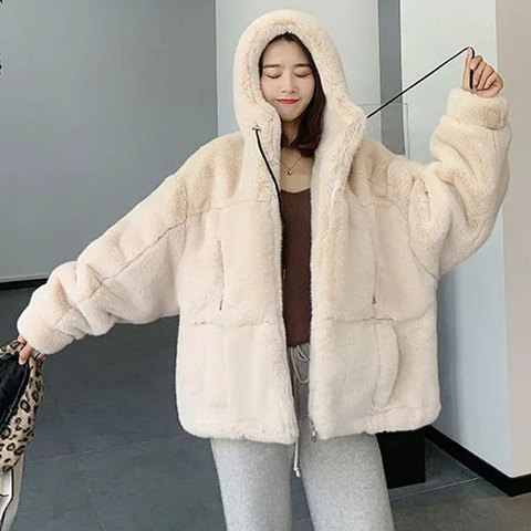 Women's Fur Jacket Famale Loose Faux Rabbit Fur Zip Hooded Thicken 2022 Winter short Fur Coat Excellent texture Thick fur ► Photo 1/6