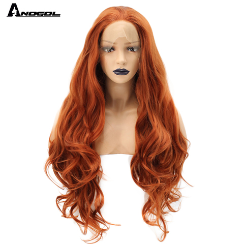 Anogol High Temperature Fiber Free Part Orange Natural Long Body Wave Copper Red Synthetic Lace Front Wig For White Women ► Photo 1/1