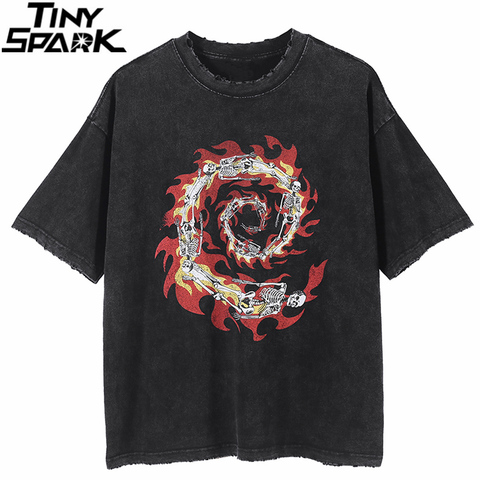 Men Hip Hop Streetwear T Shirt Fire Flame Paisley Skull Ripped Retro Vintage Washed T-shirt Harajuku 2022 Cotton Tops Tees Black ► Photo 1/6