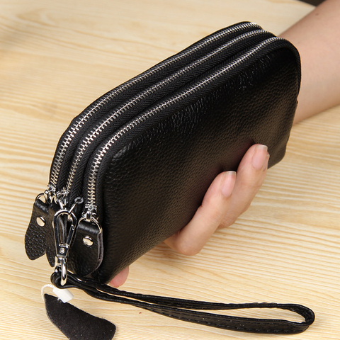 MJ Women Long Wallet Genuine Leather 3-Layer Zipper Purse Bag Large Capacity Wristlet Clutch Wallets Phone Bag Money Purses ► Photo 1/6