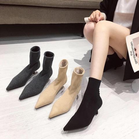 Fashion Sock Boots for Woman Pointed Toe Knitting Ankle Boots Elastic Slip On Casual Boots Lowed Heeled Autumn Dress Shoes Woman ► Photo 1/6