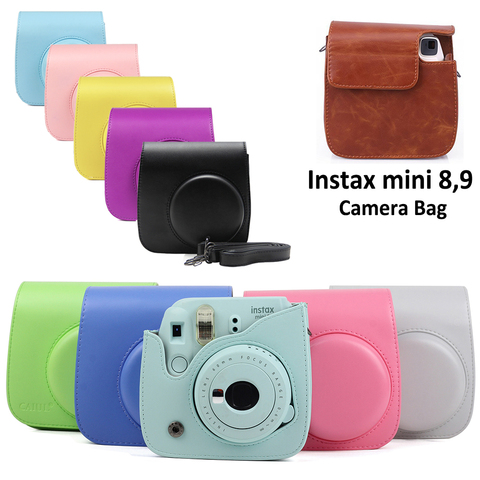 For Fujifilm Instax Mini 8 Mini 9 Camera PU Leather Color Bag Instax Mini case with Shoulder Strap Transparent Crystal Cover ► Photo 1/6