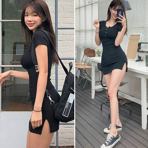 new buttons Summer Dress Black white Short Sleeve mini Dress Women Casual Slim High Elastic Bodycon Sexy Party Dresses Vestidos ► Photo 1/6