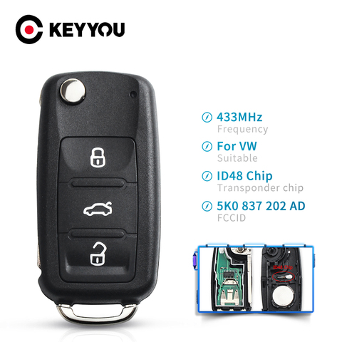 KEYYOU 5K0837202AD Remote Key 434MHz ID48 Chip For VW Volkswagen GOLF PASSAT Tiguan Polo Jetta Beetle Hella 3 Buttons Car Key ► Photo 1/6