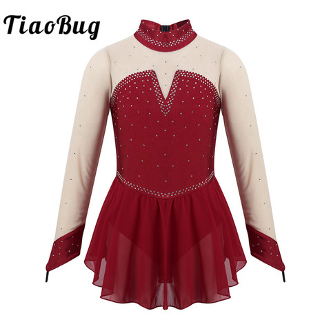 TiaoBug Kids Sparkly Rhinestones Long Sleeves Figure Skating Dress Girls Ballet Gymnastics Leotard Stage Performance Dance Wear ► Photo 1/6