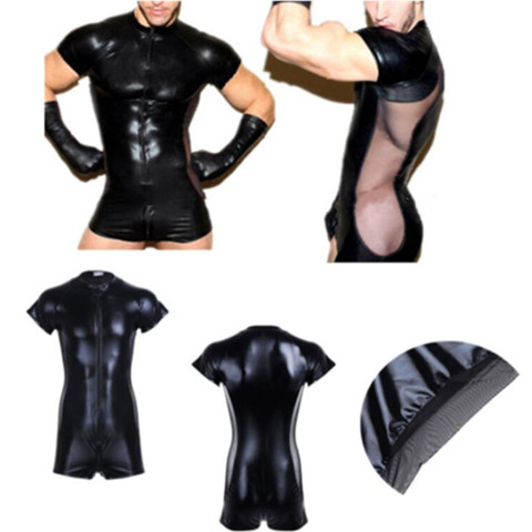 Wetlook Latex Catsuit Leather Man Jumpsuits Black Stretch PVC Mesh Bodysuits Sexy Clubwear Men Open Crotch Vinyl Body Suit ► Photo 1/6