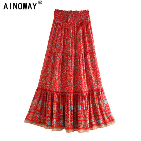 Vintage chic women red floral print beach Bohemian skirt High Elastic Waist rayon cotton Boho Maxi Skirts Femme ► Photo 1/6