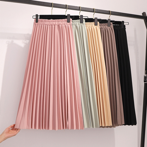 New 2022 Spring Pleated Skirt Women Casual Solid Korean Elastic High Waist Midi Skirts Womens Pink Black Skirt ► Photo 1/6