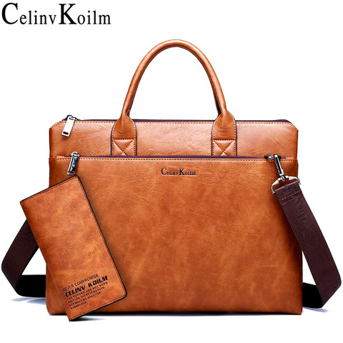 Celinv Koilm High Quality Men Briefcases Set 14 inch Laptop Business Bags Handbags Leather Office Shoulder Bags Large Capacity ► Photo 1/6