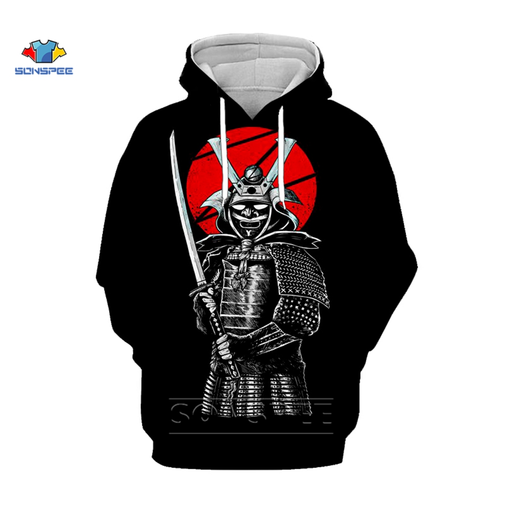 WJIT Mens Japanese Samurai Printed Fleece Hoodies Sweatshirts Hip Hop Casual