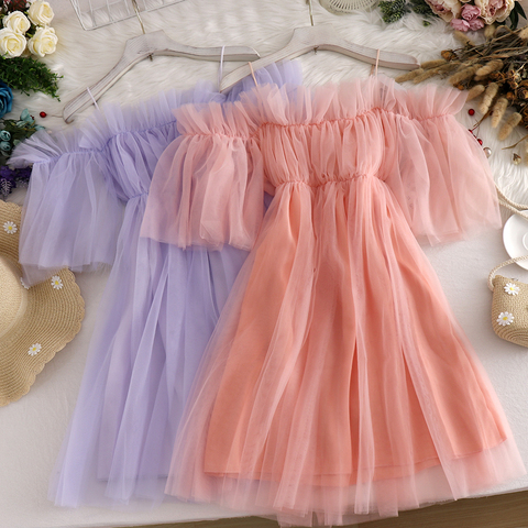 Sweet Fairy Off Shoulders Gauze Spliced Ruffles Dress Strapless Mesh Gauze Spliced Pleated Vintage Dress A-Line Vestidos 2022 ► Photo 1/6