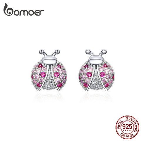 bamoer Pink Romantic Laybug Stud Earrings for Women 925 Sterling Silver Tiny Earrings for Girl Gfits Original Design SCE715 ► Photo 1/6