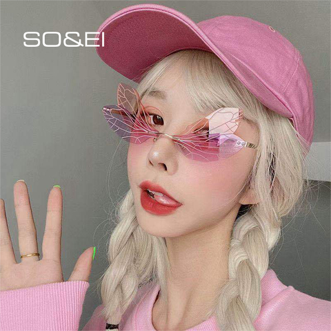 SO&EI Fashion Unique Dragonfly Wing Shape Rimless Sunglasses Women Vintage Clear Ocean Lens Eyewear Ins Popular Men Sun Glasses ► Photo 1/6