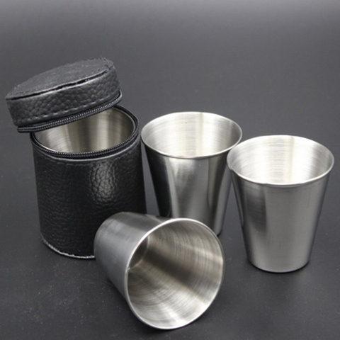 4 Pcs / Set Polished 30 Ml Mini Stainless Steel Shot Glass Cup Drinking Wine Glasses With Leather Cover Bag For Home Kitchen Bar ► Photo 1/6