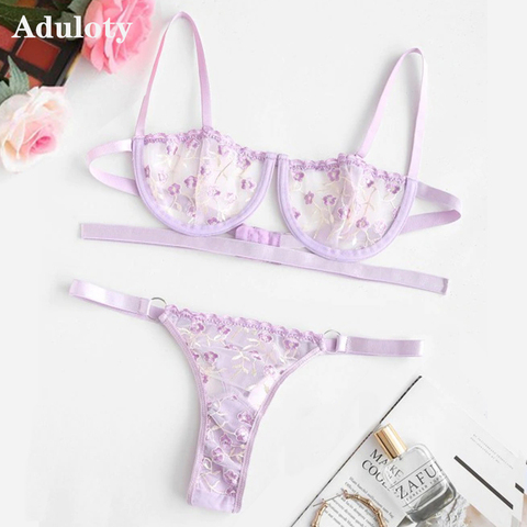 Hot sale new style women's thin section mesh embroidered sexy underwear underwire gather bra panty set thong sexy lingerie set ► Photo 1/6