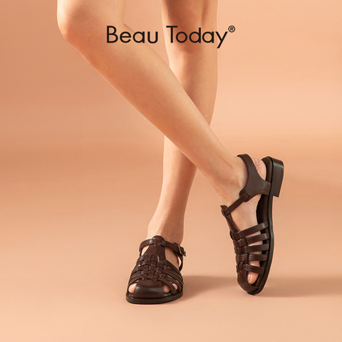 BeauToday Gladiator Sandals Women Genuine Cow Leather Cover Toe Ankle Buckle Strap Beach Ladies Retro Flat Shoes Handmade 33037 ► Photo 1/6
